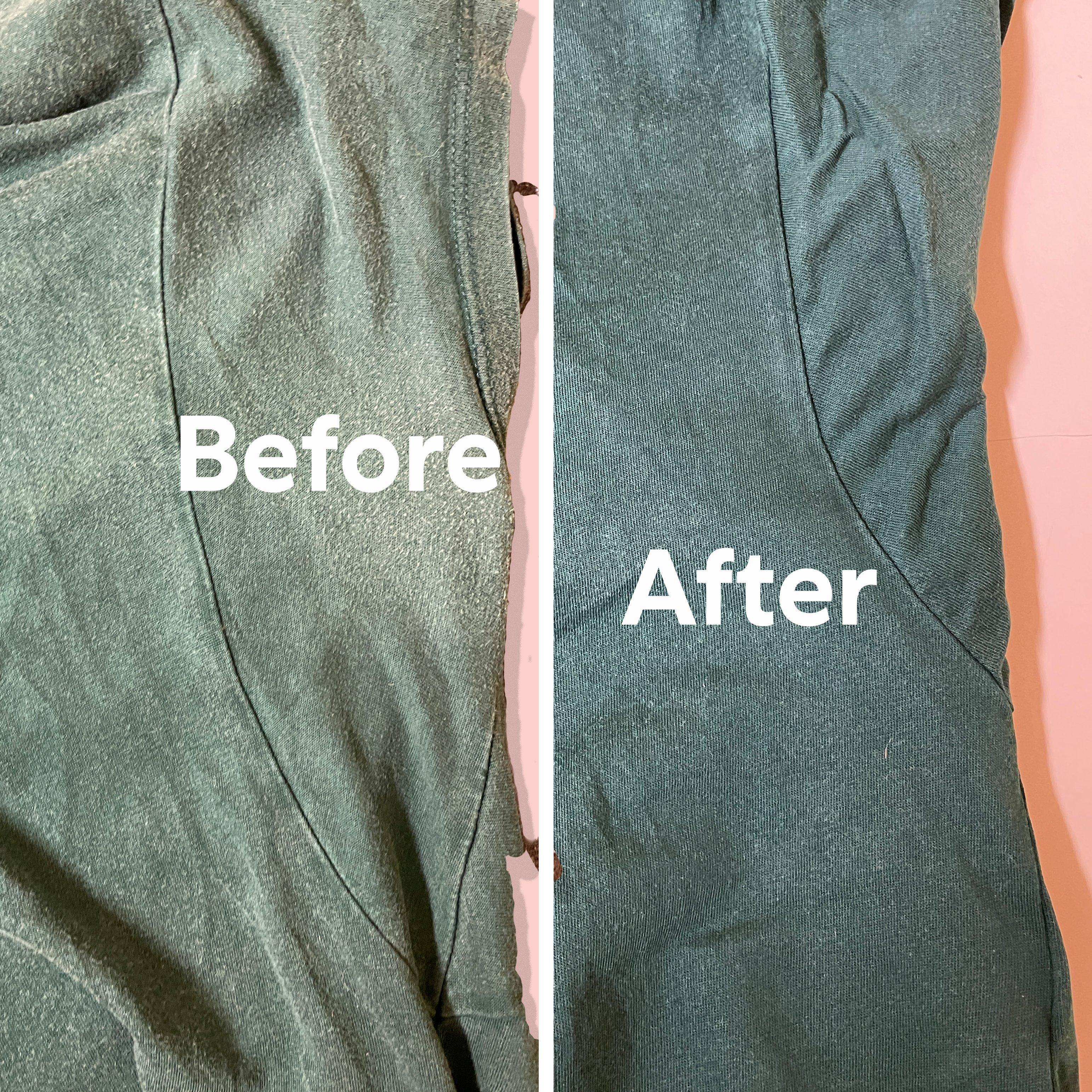  Before and after image of a green t-shirt that has regained its green color and less pilling after washing with BIORESTORE.
