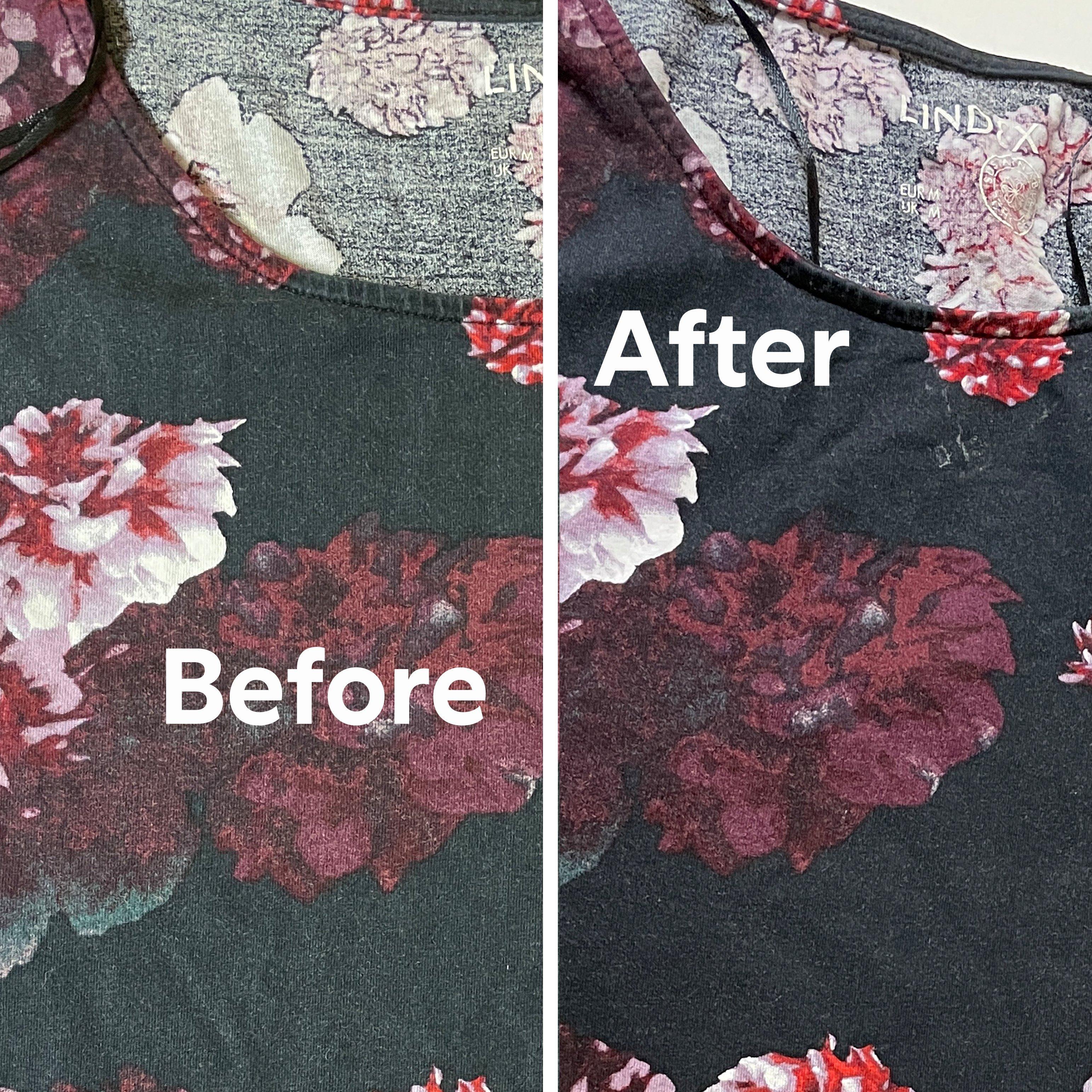 Before and after image of a t-shirt with a black bottom and red flowers that has regained the strength of the colors after washing with BIORESTORE.
