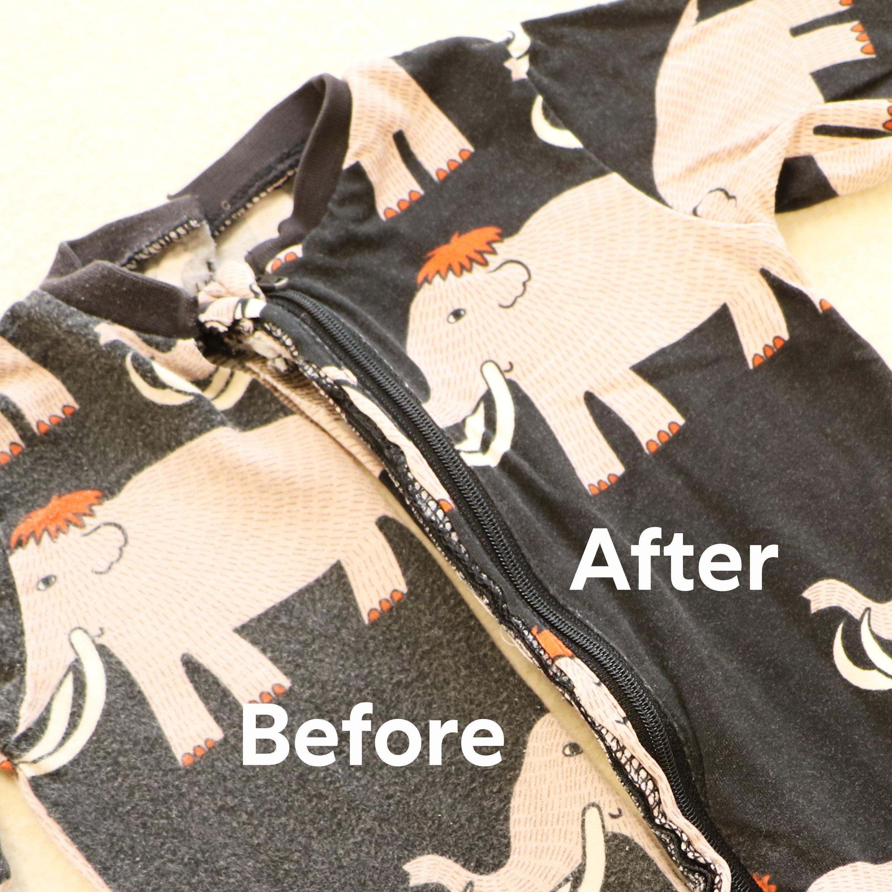 Before and after image of a black baby pajamas with elephants that has regained brighter colors in the pattern and less pilling after washing with BIORESTORE.