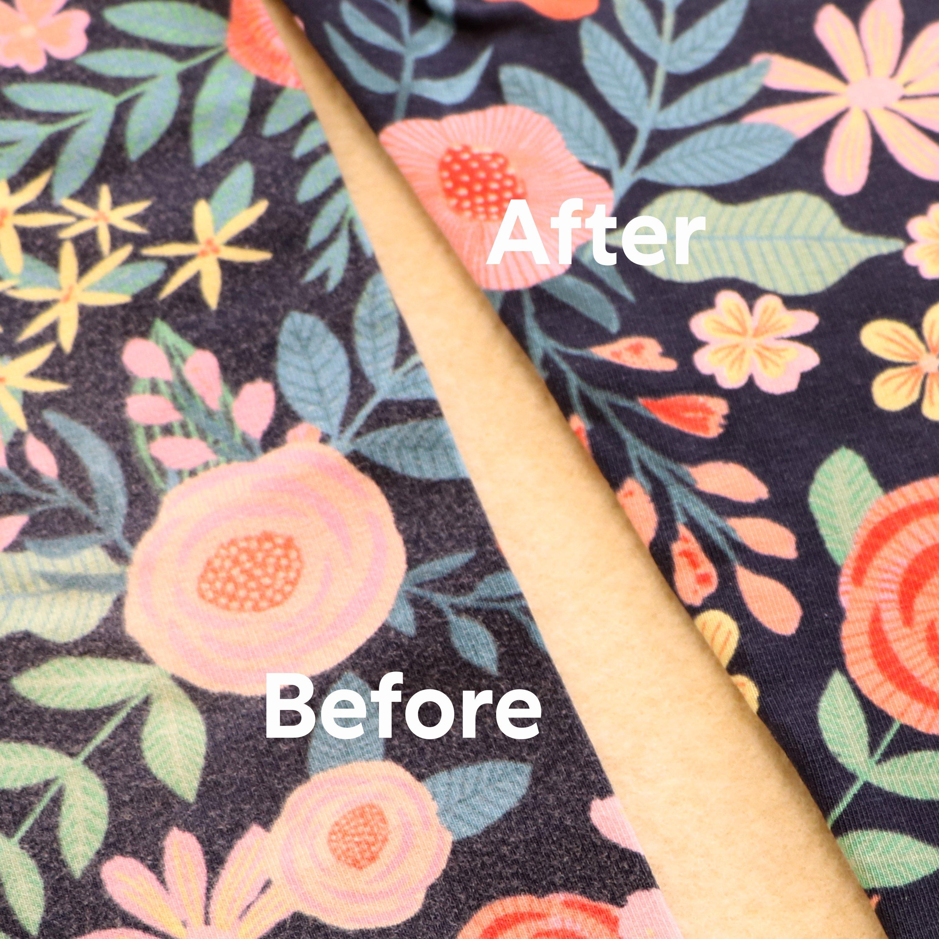 Before and after image of a pair of pants with a floral pattern that regained brighter colors after washing with BIORESTORE.