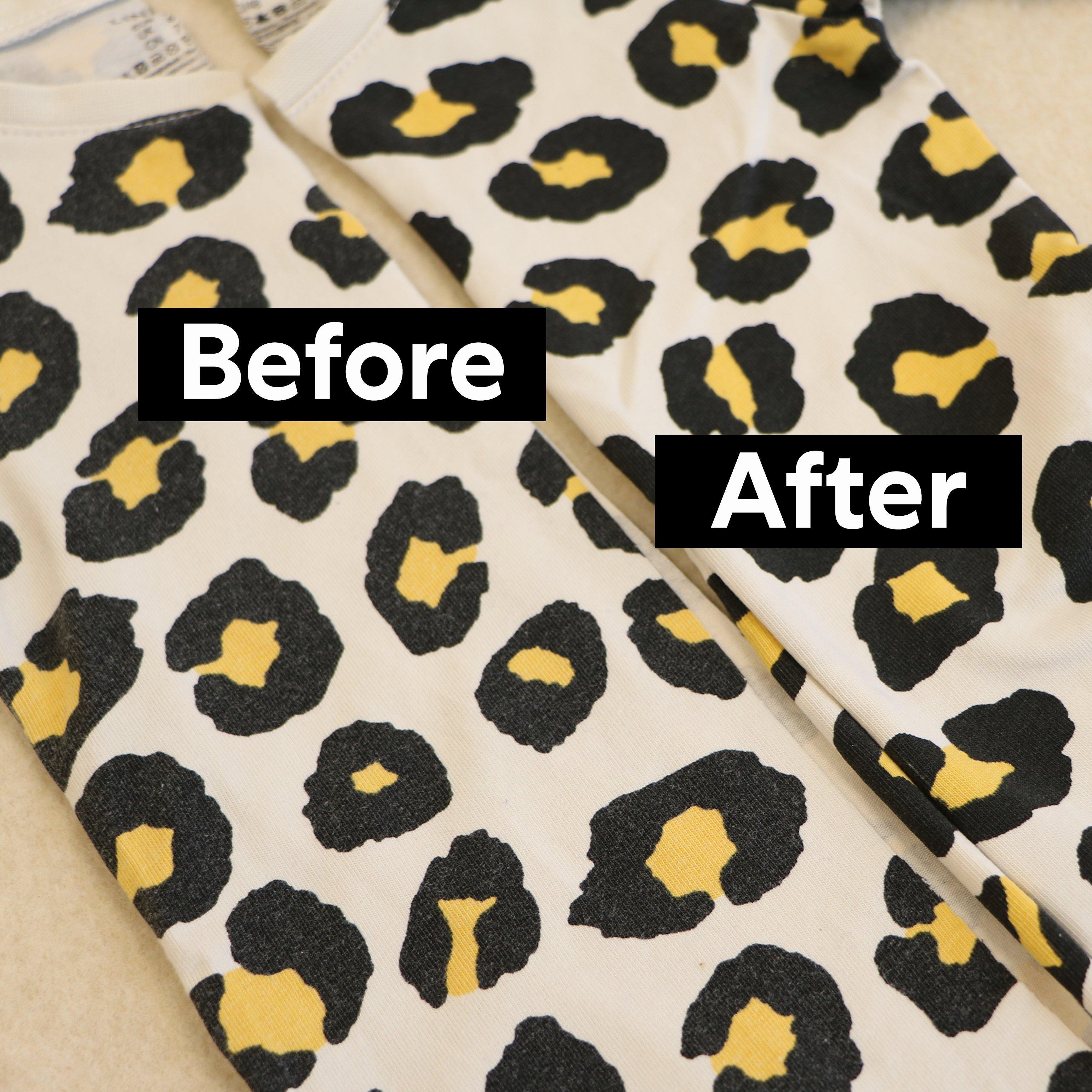  Before and after image of a pair of leggings with an animal pattern that regained brighter colors in the pattern after washing with BIORESTORE.