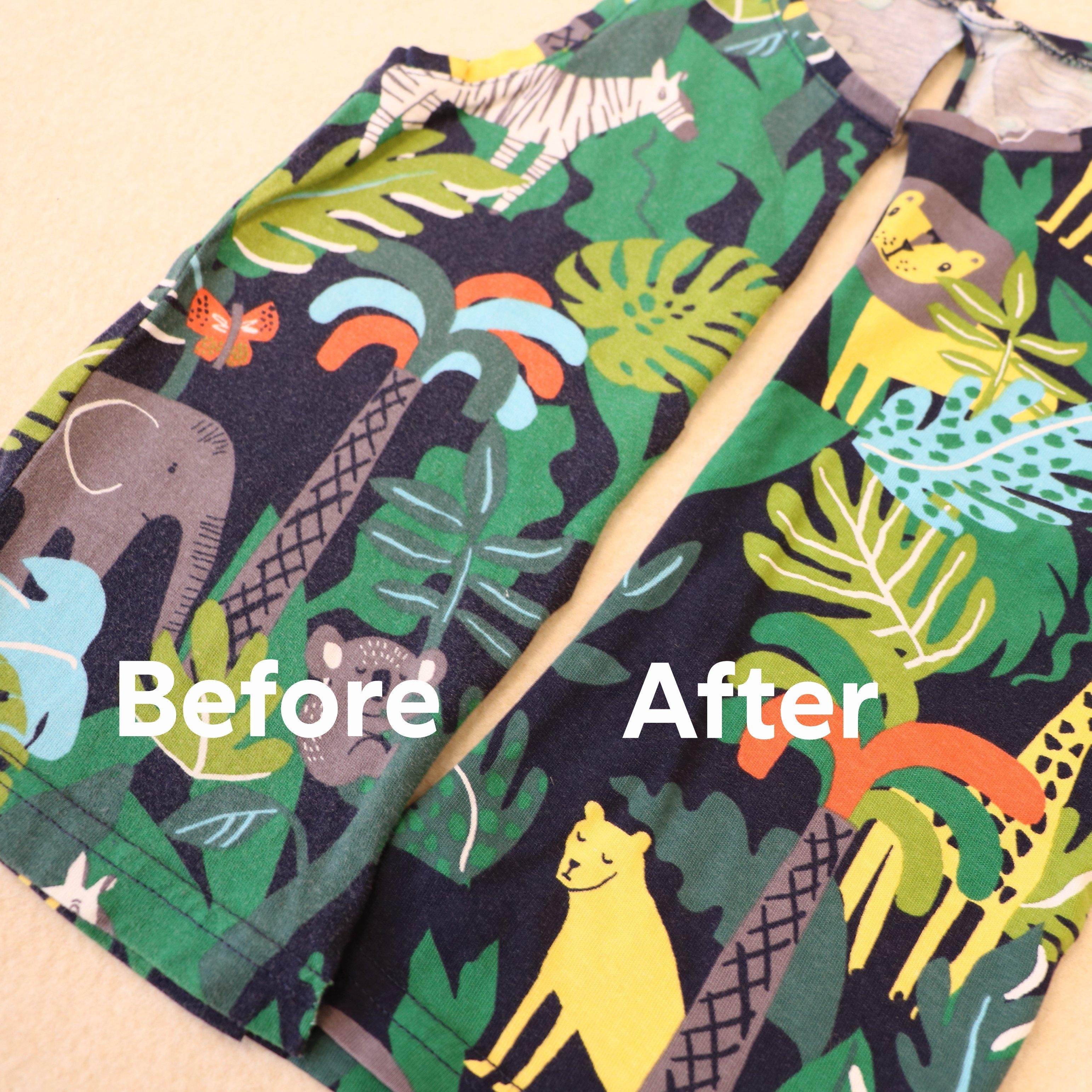  Before and after image baby body with animal pattern that regained stronger colors after washing with BIORESTORE.