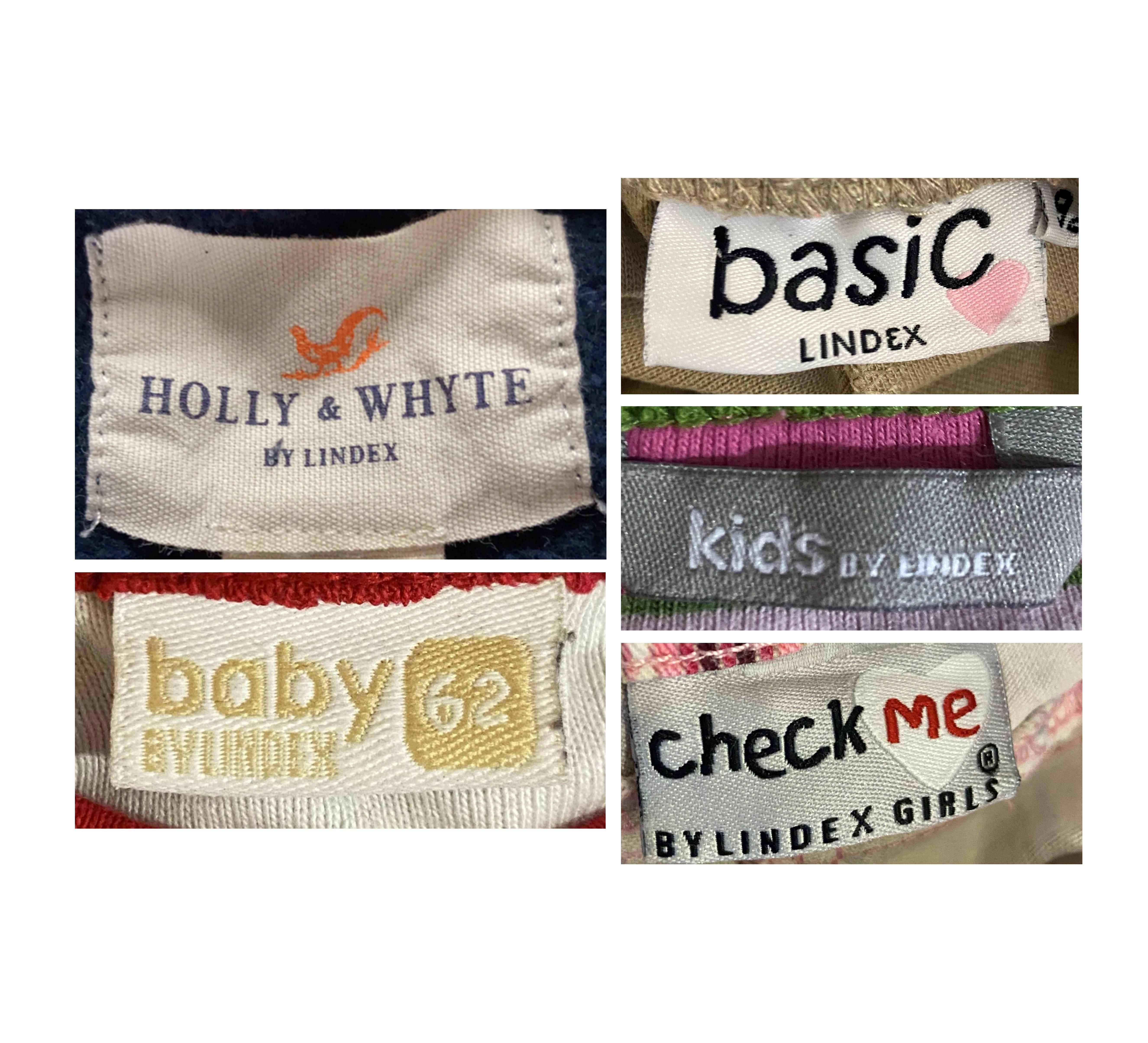 En bild som visar olika etiketter som inte godkänns, Baby by Lindex, Holly & Whyte, Basic Lindex, Kids by Lindex samt Check Me by Lindex Girl.