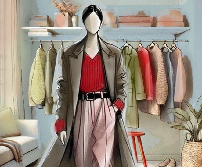 En AI skapad bild av en kvinna utan ansikte klädd i röd tröja, grå kappa och beige byxor framför en garderob med kläder. Ai illustration. 