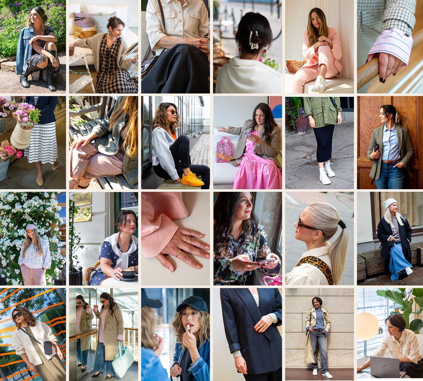 Ett kollage med 24 bilder som visar olika kvinnor klädda i stilar.