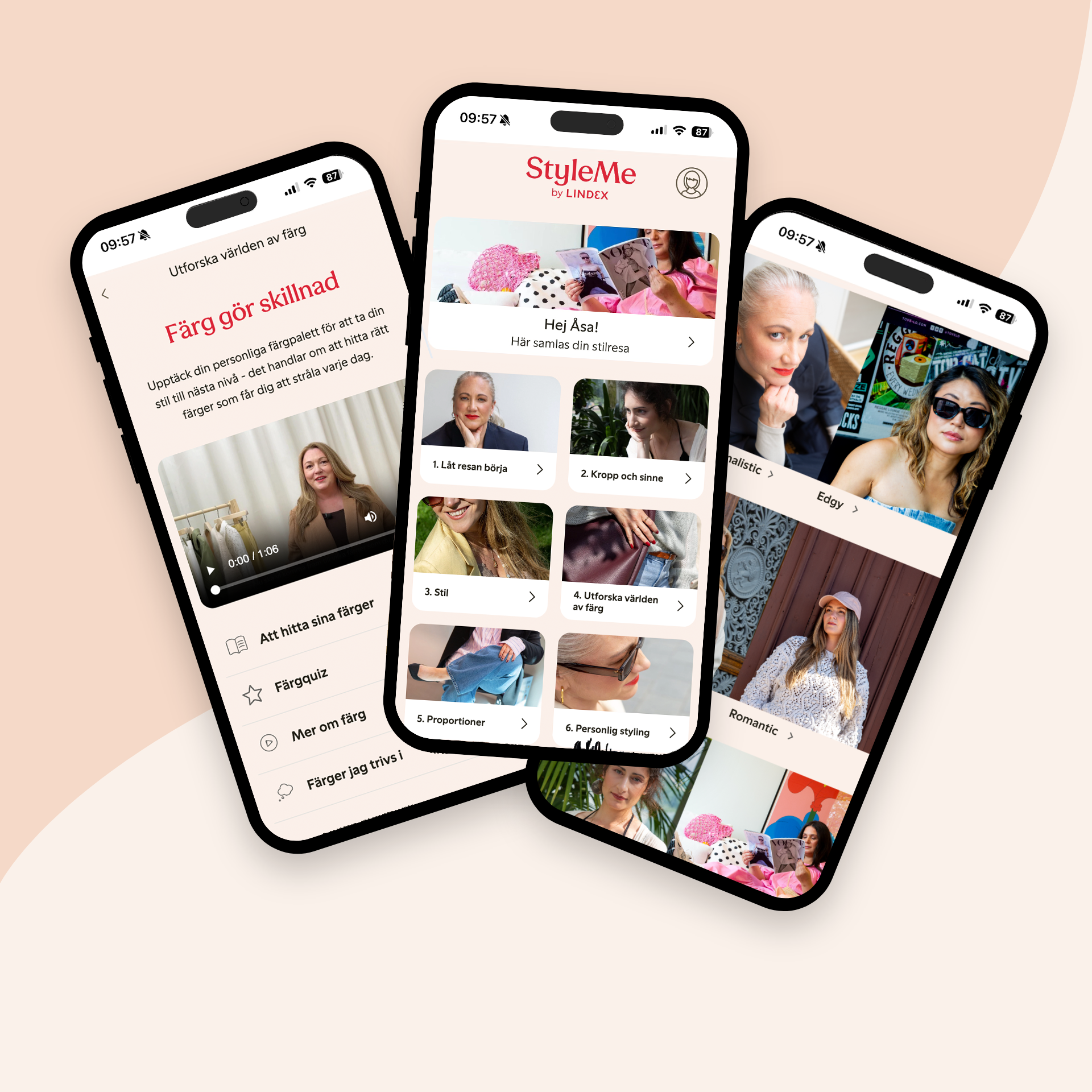 Tre mobiler som visar olika steg i StyleMe programmet på skärmen. Illustration.