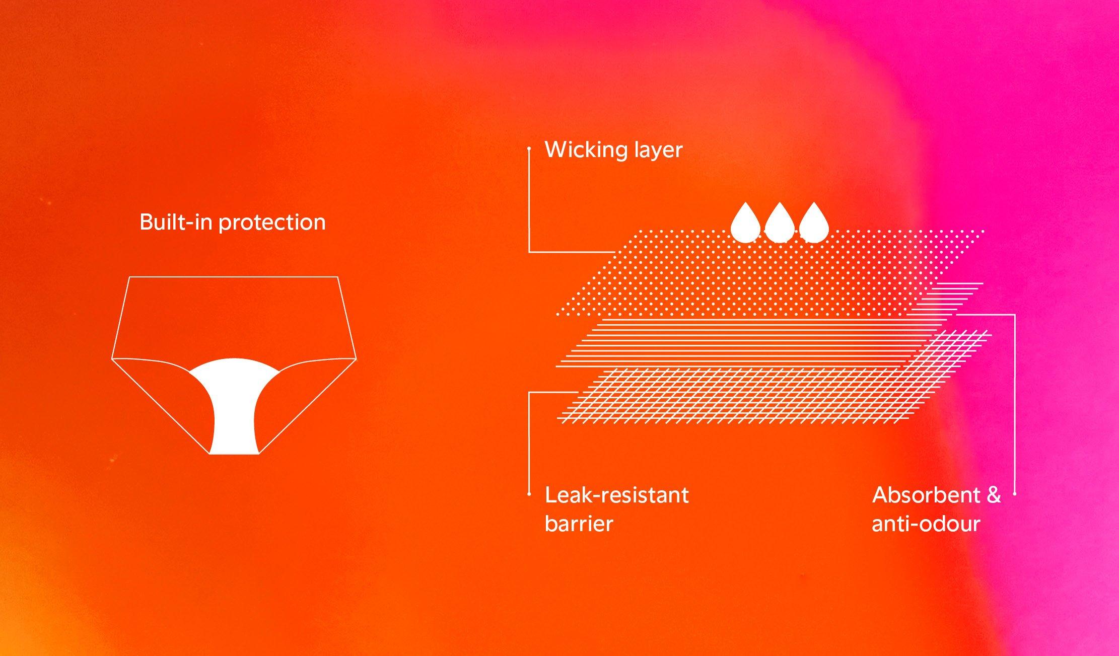 An illustration showing the different layers of a pair of period panties.