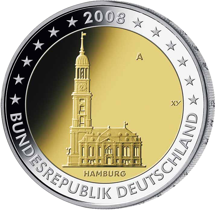 2-Euro-Münze von Hamburg mit der Michaeliskirche