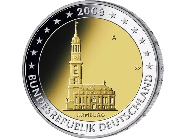 2-Euro-Münze von Hamburg mit der Michaeliskirche
