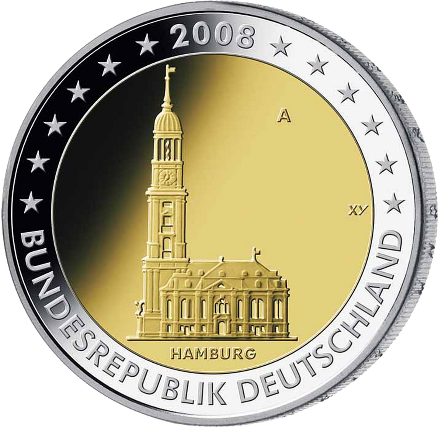 2-Euro-Münze von Hamburg mit der Michaeliskirche