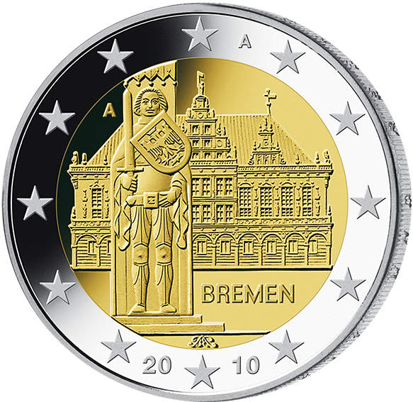 2-Euro-Münze Bremen mit dem Rathaus und Roland