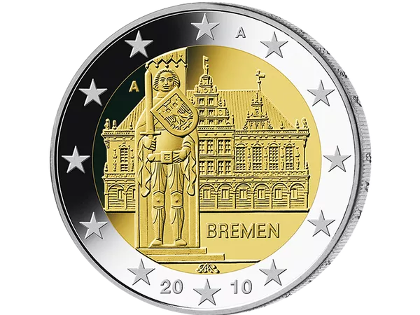 2-Euro-Münze Bremen mit dem Rathaus und Roland