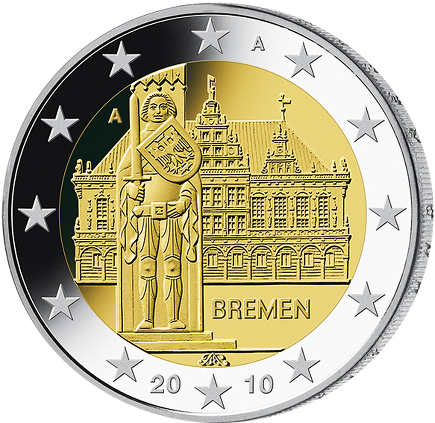 2-Euro-Münze Bremen mit dem Rathaus und Roland