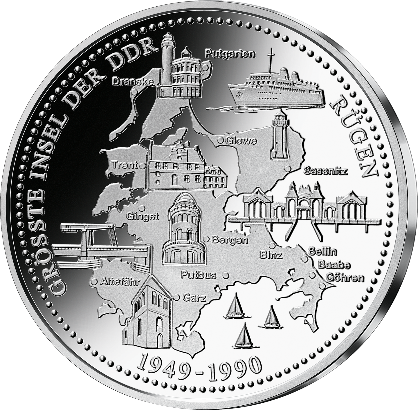 Silbermünze mit Rügen, der größten Insel der DDR