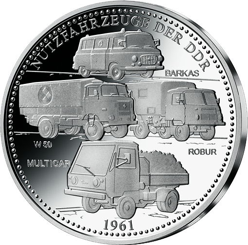 Silbermünze mit Nutzfahrzeugen der DDR