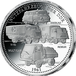 Silbermünze mit Nutzfahrzeugen der DDR