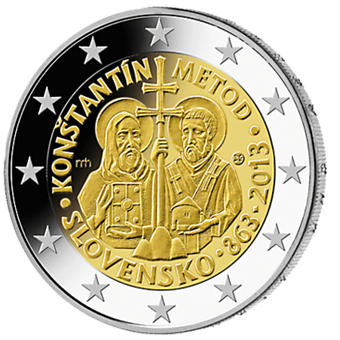 2 Euro Gedenkmünze "1.150 Jahre byzantinische Mission von Kyrill und Method" 2013 aus der Slowakei mit Zubehör