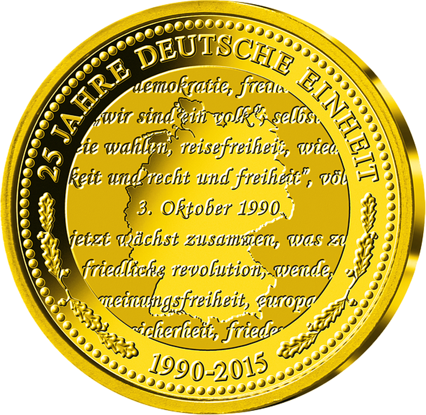 Goldprägung 25 Jahre Deutsche Einheit 1990–2015 mit Text und Deutschlandkarte