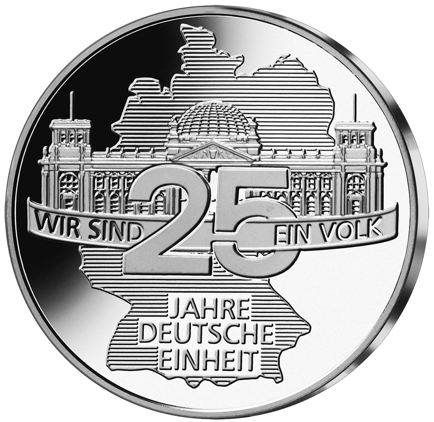 Silberprägung 25 Jahre Deutsche Einheit mit Reichstagsgebäude und Aufschrift Wir sind ein Volk