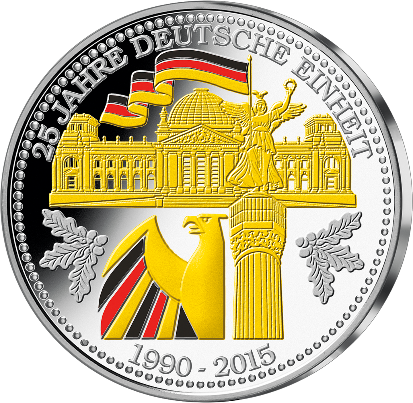 Silber-Gold-Prägung 25 Jahre Einheit 2015 mit Reichstag, Adler und deutscher Flagge