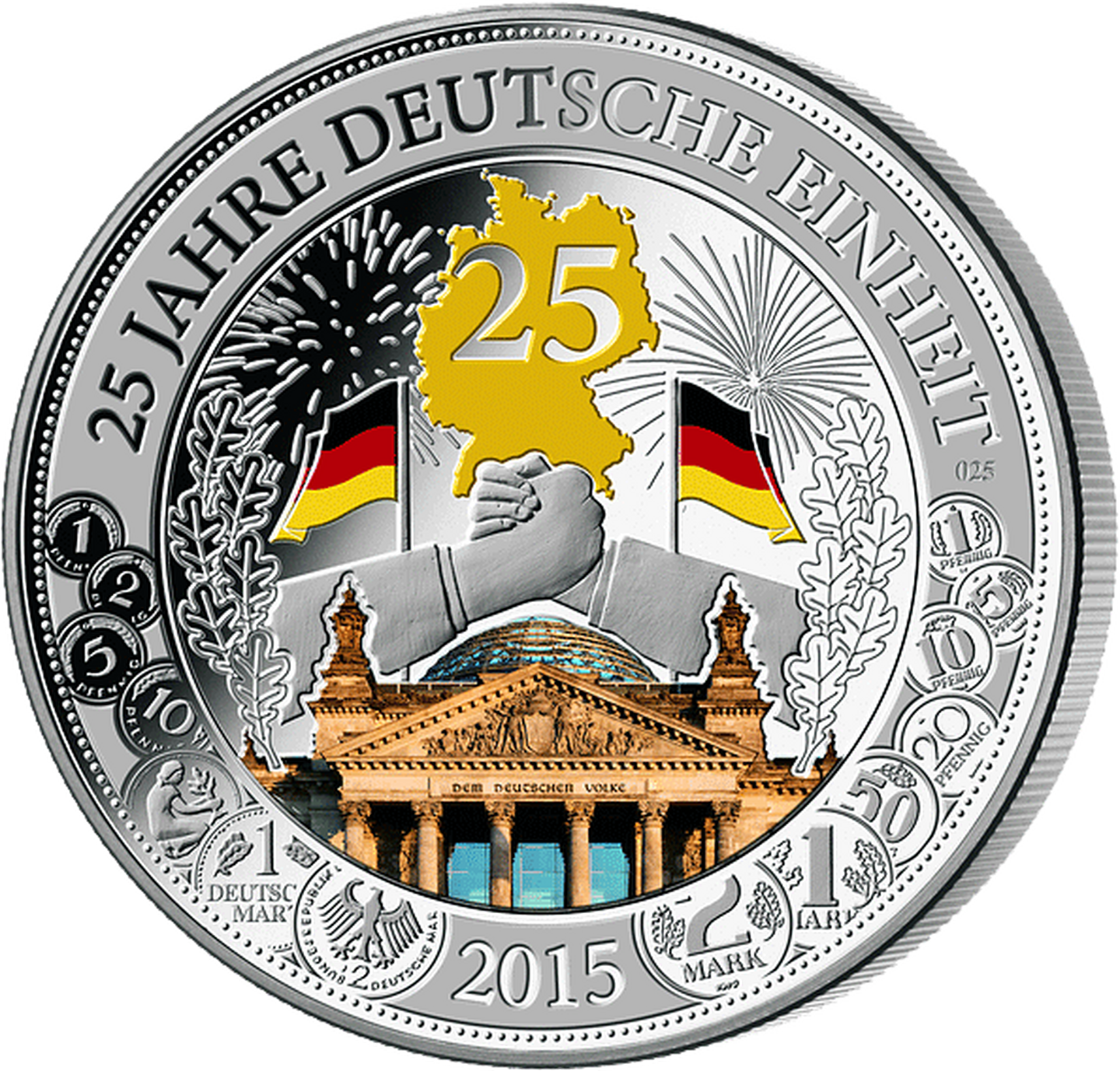 Silberprägung 25 Jahre Einheit mit Reichstag, Flaggen, Feuerwerk und Deutschlandkarte