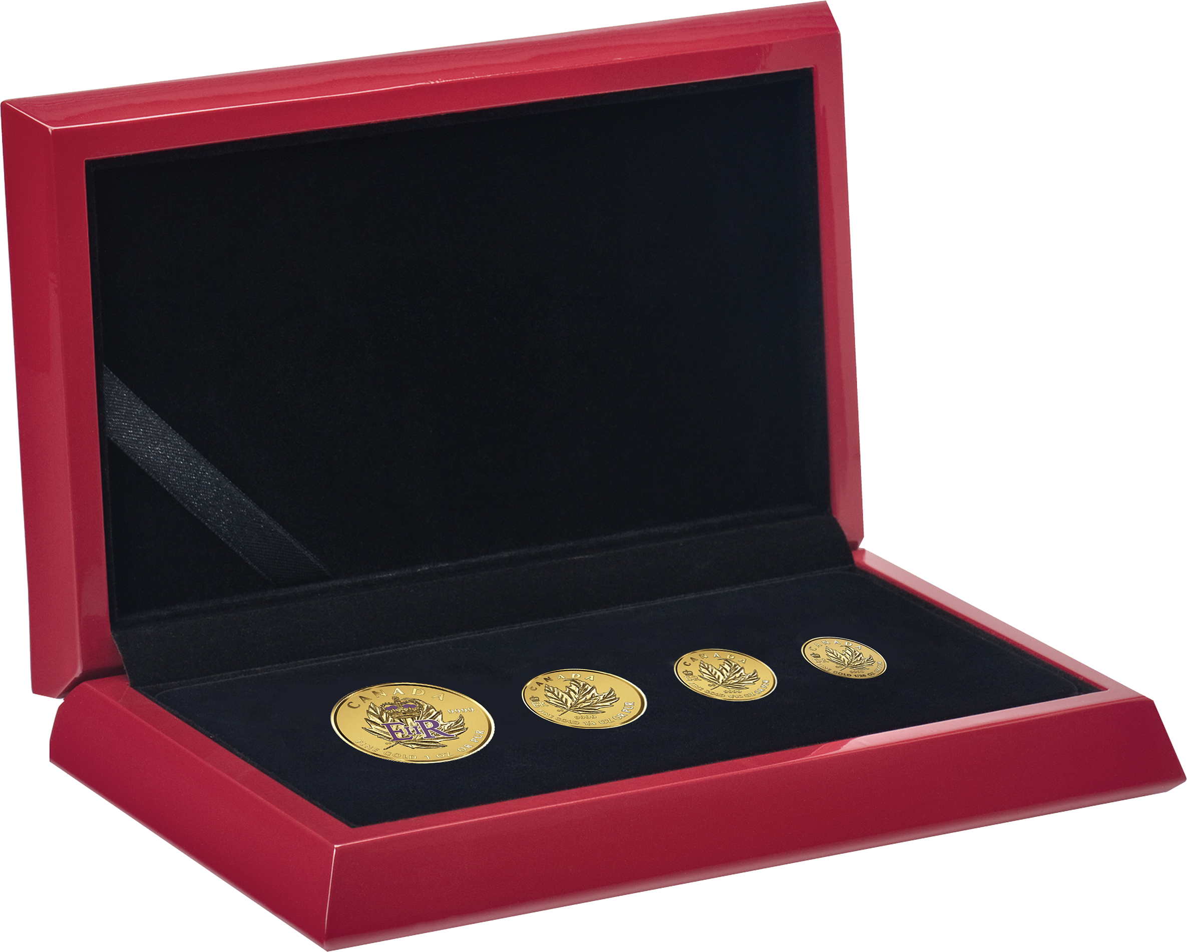 Vier Goldmünzen mit Queen-Porträts in einem Kästchen
