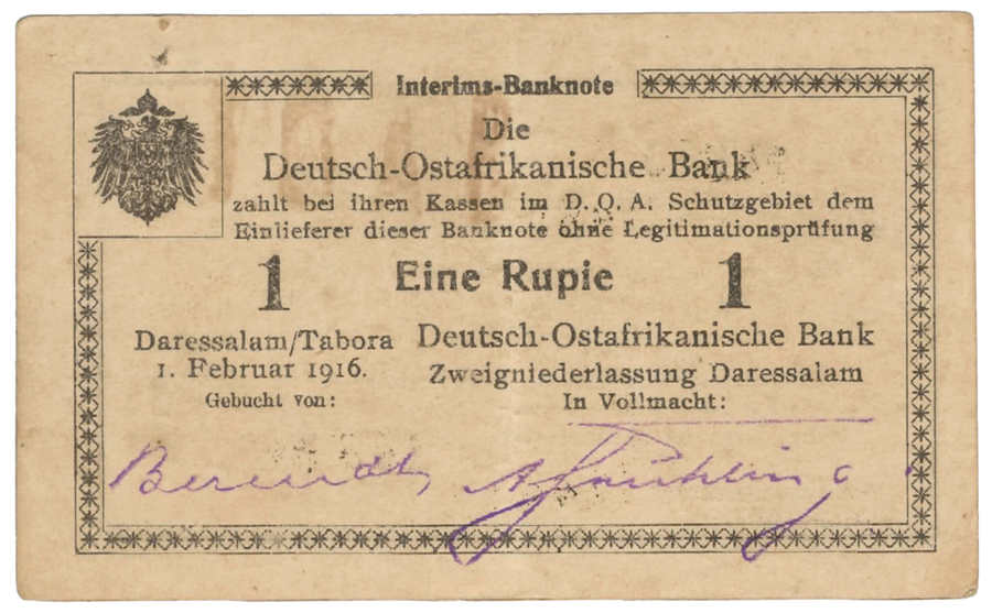 Die Vorderseite der 1-Rupie-Banknote aus Deutsch-Ostafrika