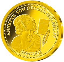 Die Vorderseite der Goldgedenkprägung "Annette von Droste-Hülshoff"