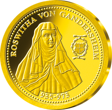 Die Vorderseite der Goldgedenkprägung "Roswitha von Gandersheim"