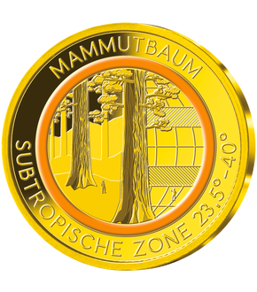 Die Gold-Gedenkprägung „Mammutbaum – subtropische Zone“ mit orangefarbenem Farbring