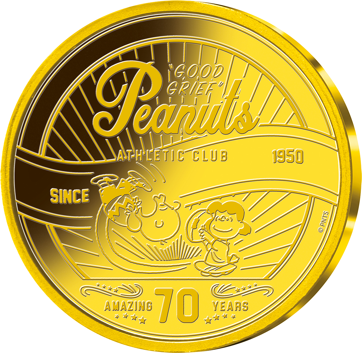 Die Vorderseite der offiziellen Goldausgabe "70 Jahre Peanuts"