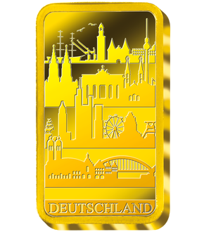 Der Gedenkbarren „Skyline Deutschland“ aus 5 Gramm reinstem Gold (999,9/1000)