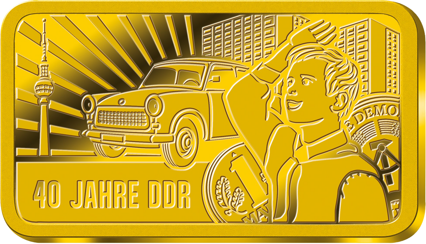 Die Vorderseite des Feingold-Gedenkbarrens 40 Jahre DDR