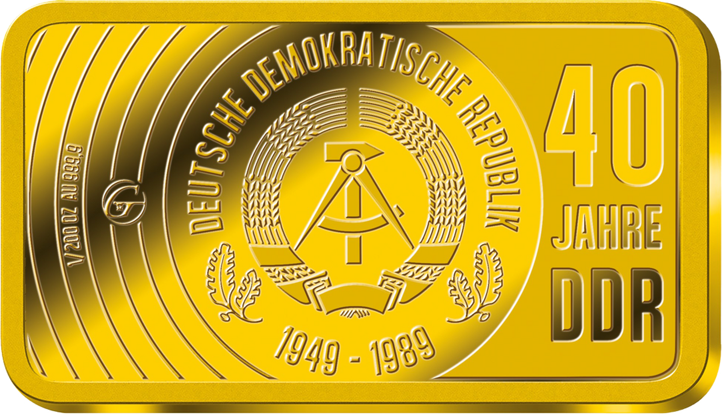 Die Rückseite des Feingold-Gedenkbarrens 40 Jahre DDR