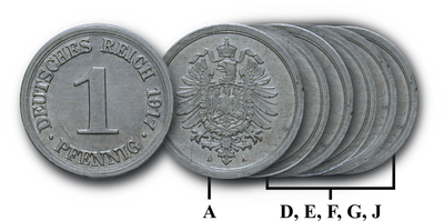 6er-Prägestätten-Komplettsatz Deutsches Kaiserreich 1 Pfennig 1917