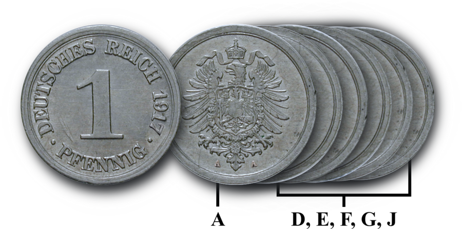 6er-Prägestätten-Komplettsatz Deutsches Kaiserreich 1 Pfennig 1917