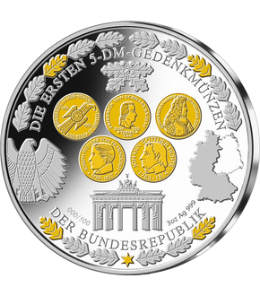 Die goldveredelte 3-Unzen-Silberprägung „Die ersten 5-DM-Münzen der BRD“