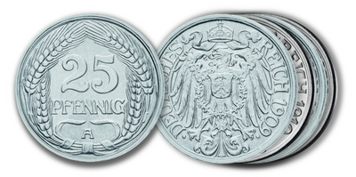 4er-Prägejahre-Komplettset Deutsches Reich 25 Pfennig 1909-1912 Prz. A