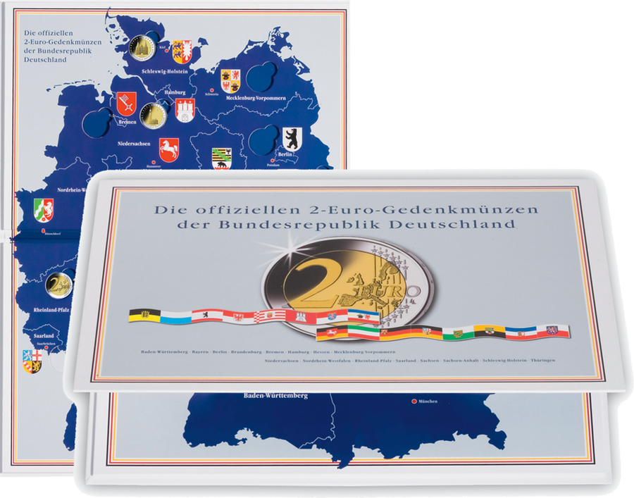 In diesem praktischen Eindrückalbum kommen die 16 deutschen 2-Euro-Gedenkmünzen der Serie 