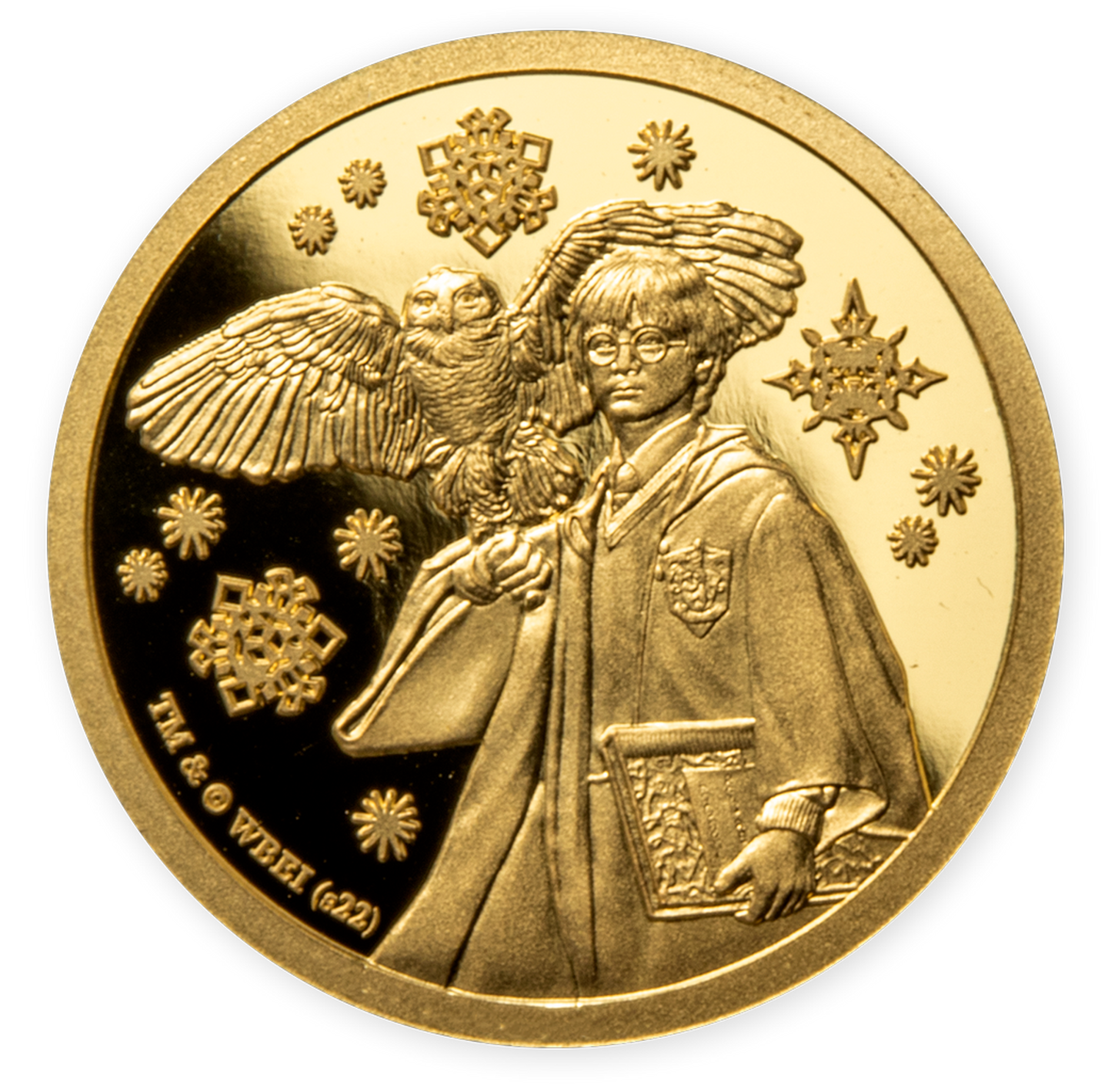 Die Vorderseite der neuen offiziellen Winter-Feingold-Gedenkmünze 2022 zu Ehren von HARRY POTTER™