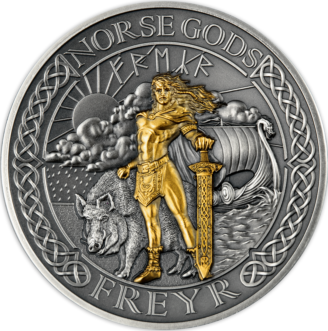Die 2-Unzen-Silbermünze „Freyr“ mit Gold- und Antik-Finish-Veredelung!