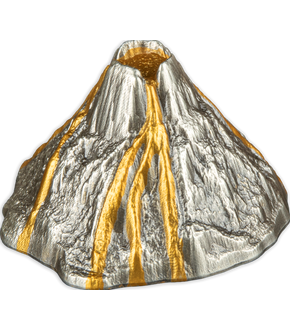 5-Unzen-Silbermünze in Vulkanform mit Gold- und Antik-Finish-Veredelung!