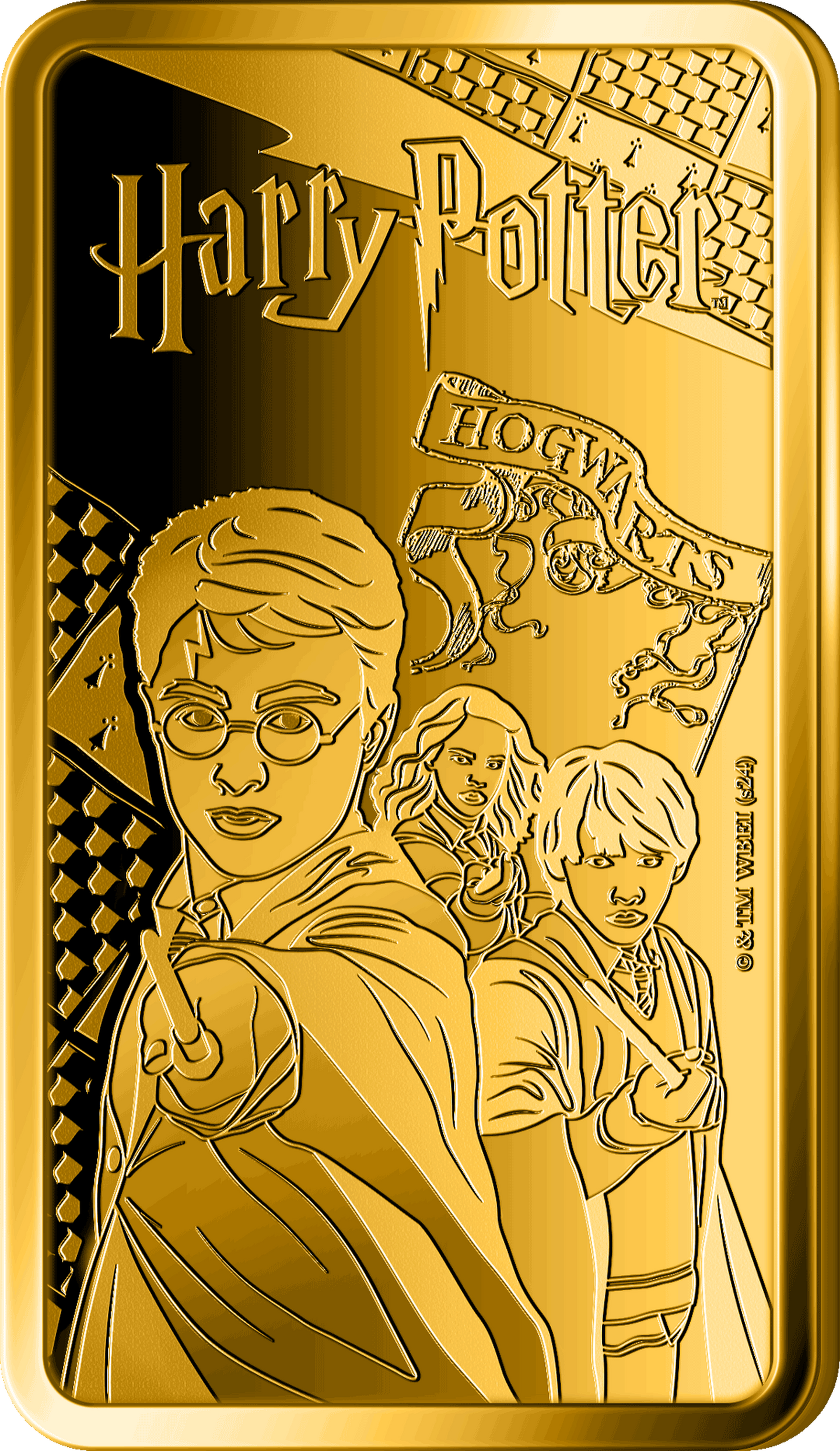 Die Vorderseite des Goldbarrens "Harry Potter - Harry, Ron und Hermine"