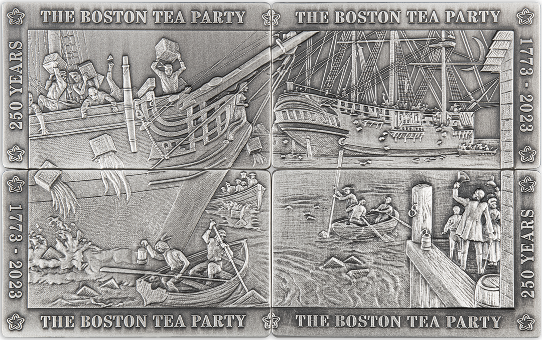 4-teiliges Jubiläums-Silber-Barren-Set "The Boston Tea Party"