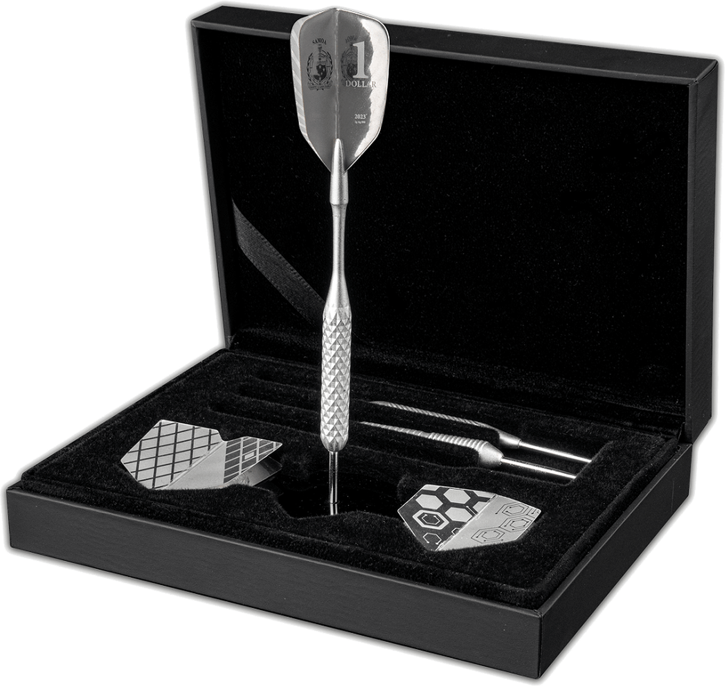 Das originelle 3er-Set 3D-Dartpfeile aus reinstem Feinsilber in schmückendem Geschenk-Etui