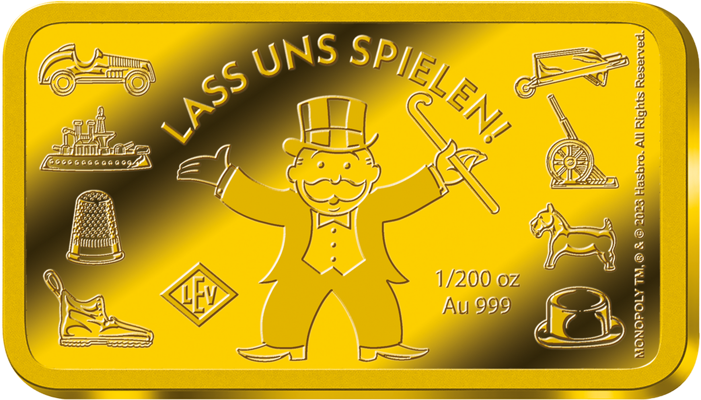 Die Vorderseite der offiziellen Feingold-Barrenprägung „MONOPOLY™ – Lass uns spielen!“