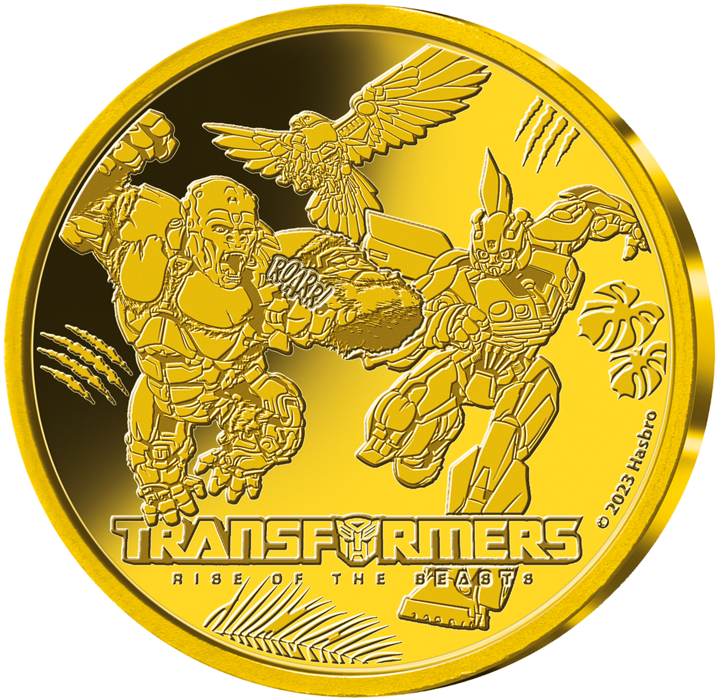 Die Vorderseite der offiziellen Goldmünze „TRANSFORMERS™: Rise of the Beasts“!