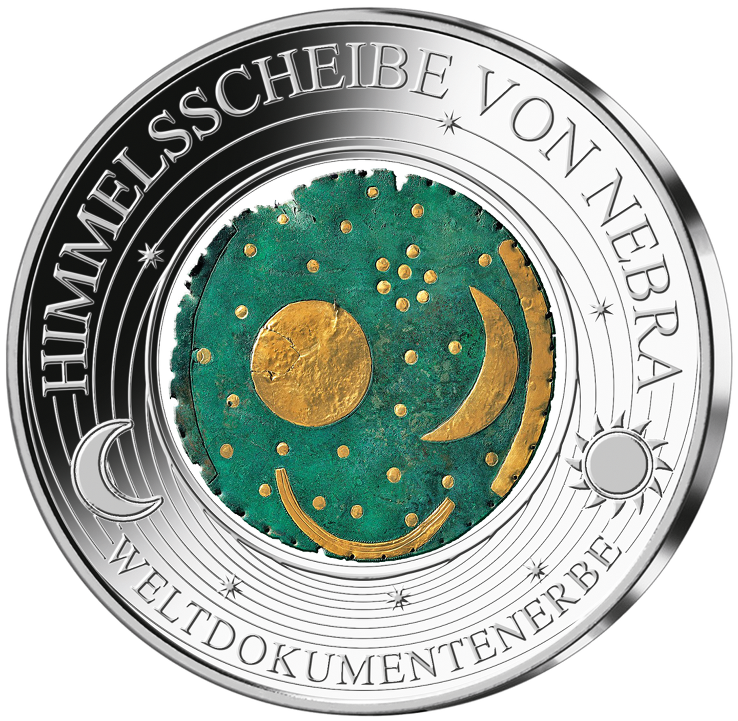 Vorderseite Silber-Jubiläumsprägung "Himmelsscheibe von Nebra" mit integriertem Glasinlay