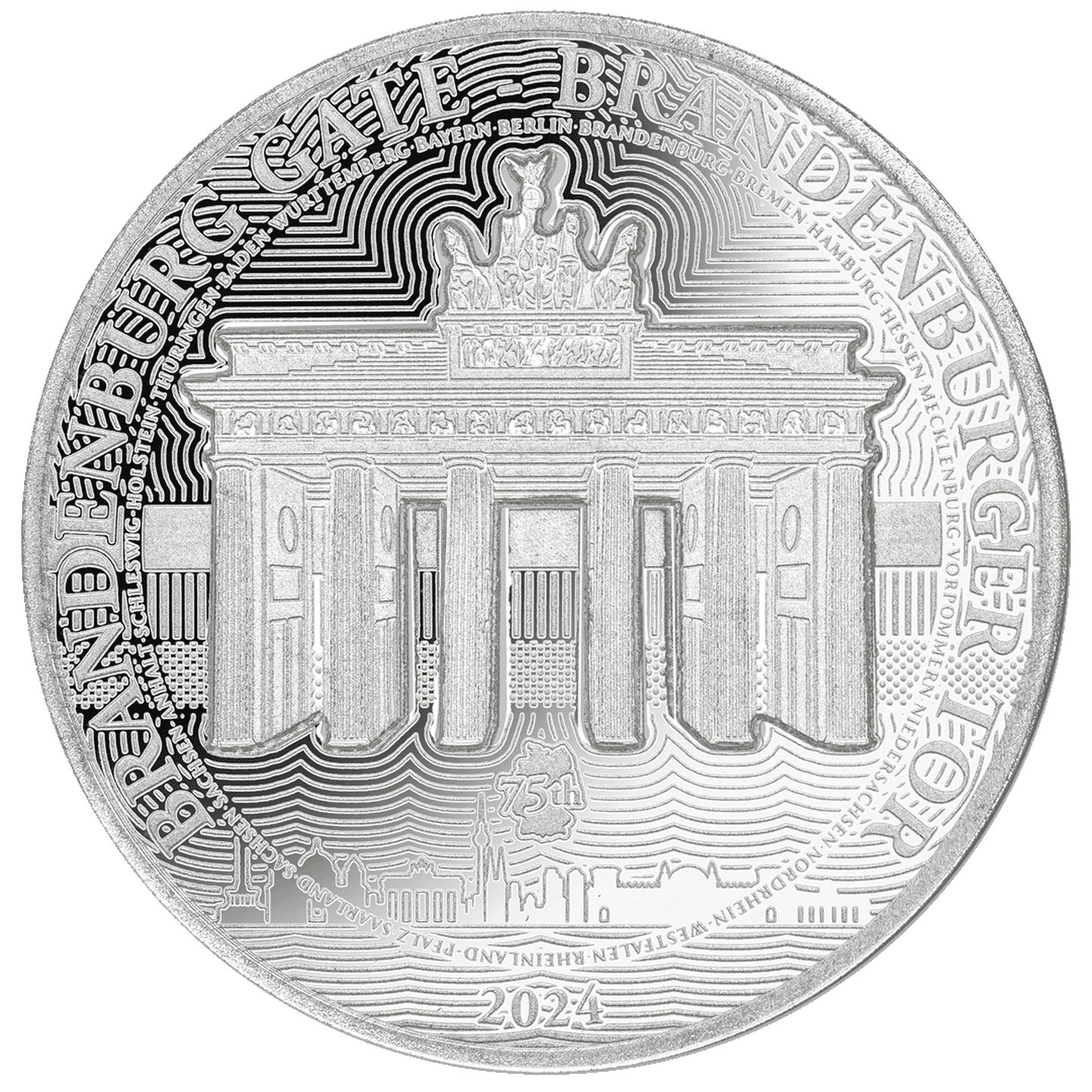 Die Vorderseite der Silber-Gedenkmünze 75 Jahre Deutschland "Brandenburger Tor"
