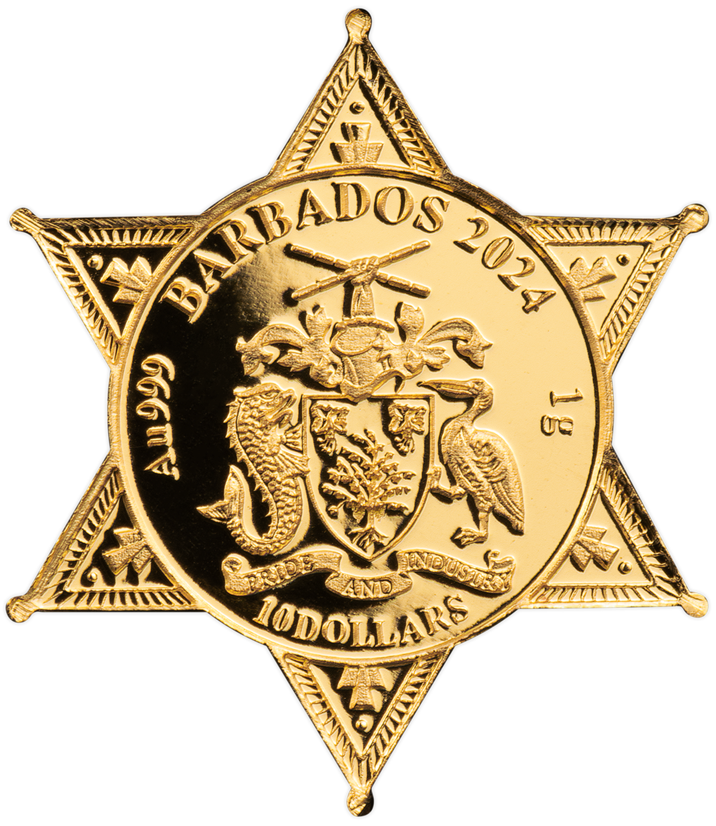 Die Rückseite der .999 Goldmünze "Sheriff Star" in Sternform
